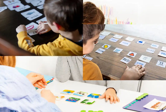 Books and You - Phonics Fun Continues: Day 3 of our Home Phonics Adventure - Images of a parent and child sitting together at a table, surrounded by colorful word cards. 