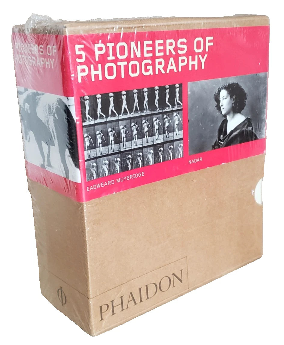 Book titled '5 Pioneers of Photography' by Phaidon with a pink and brown cover.