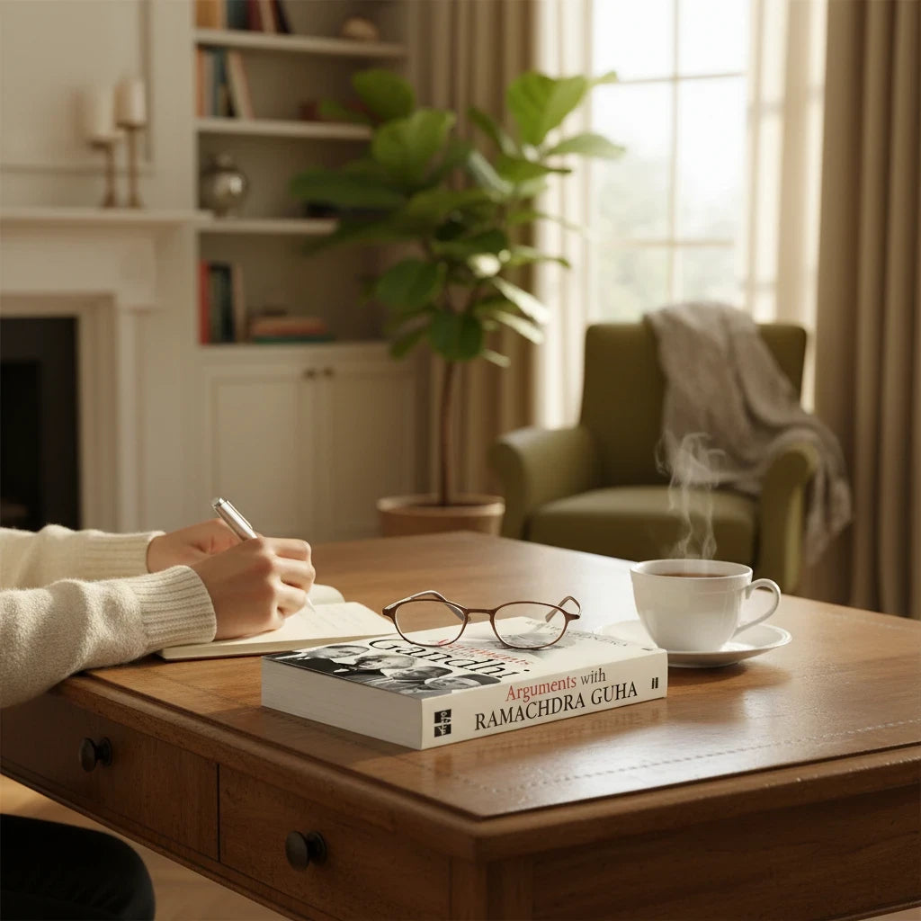 Books and You hardcover copy of Arguments with Gandhi by Ramachandra Guha on a wooden desk with a person writing nearby