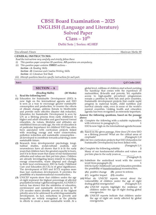 Oswaal CBSE Question Bank Chapterwise and Topicwise SOLVED PAPERS Class 10 English Language and Literature | For Exam 2026