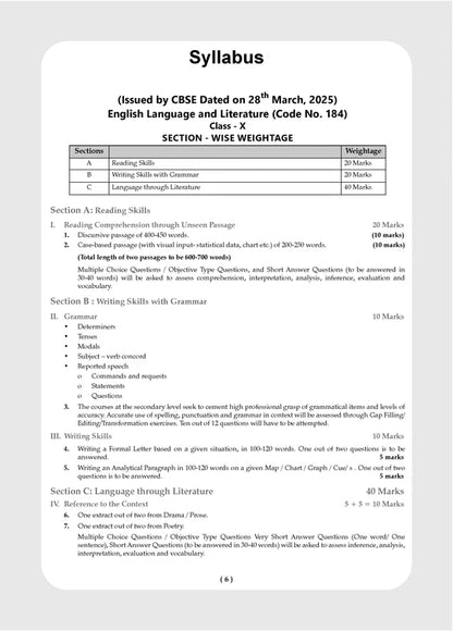 Oswaal CBSE Workbook Class 10 English Lan. & Lite. (Updated as per NCF)