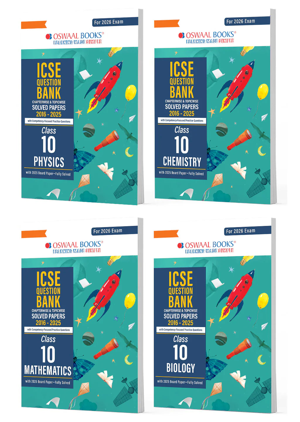 Oswaal ICSE Question Bank Chapter-wise Topic-wise Class 10 | Physics, Chemistry, Maths and Biology | Set of 4 Books