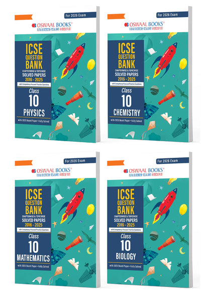Oswaal ICSE Question Bank Chapter-wise Topic-wise Class 10 | Physics, Chemistry, Maths and Biology | Set of 4 Books
