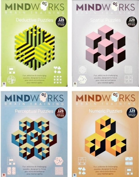Mindworks Brain Training Set of 4 Books Deductive Puzzles Spatial Puzzles Perceptual Puzzles Numeric Puzzles