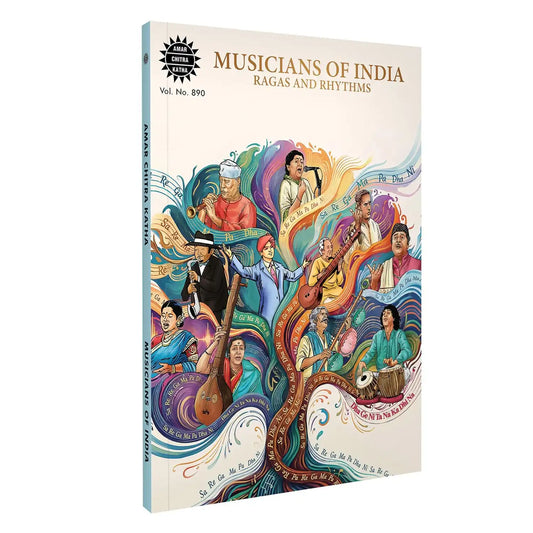A hardcover music book titled 'Musicians of India: Ragas and Rhythms' shown at a slight angle on a white background. The cover features a colorful, detailed illustration of Indian musicians playing traditional instruments, with the title in gold text at the top.