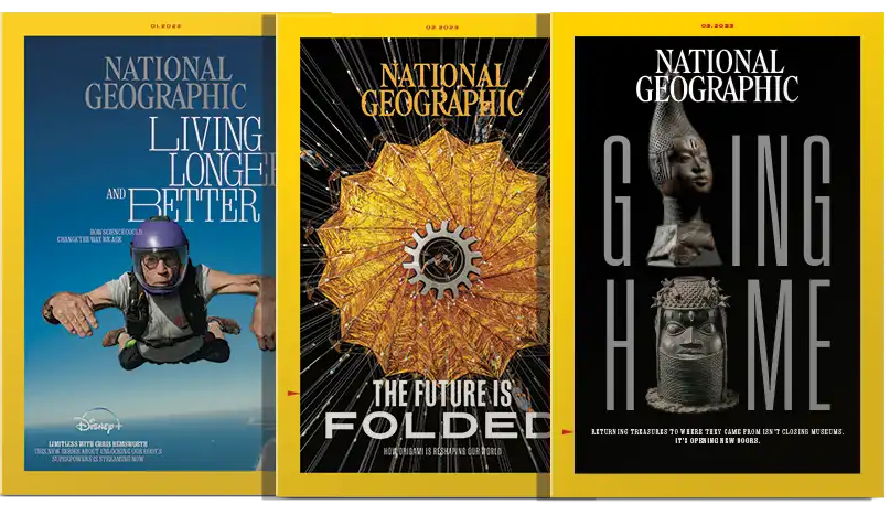 Three National Geographic magazine covers displayed side by side.