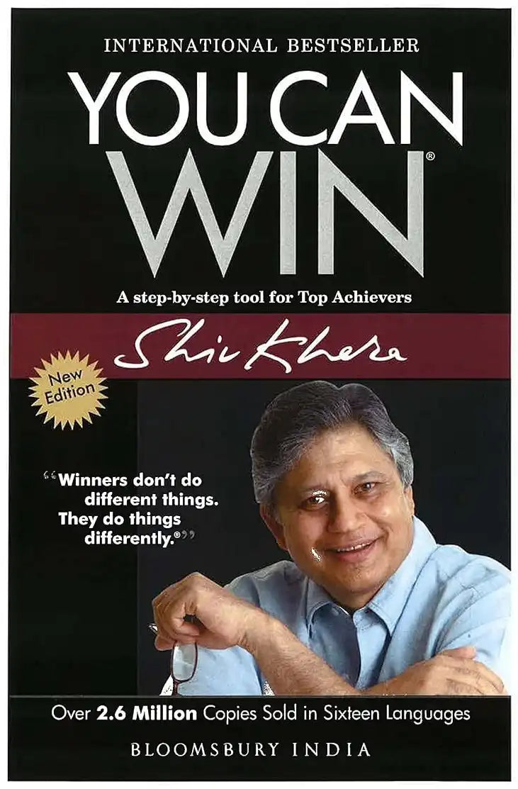 Book cover of 'You Can Win' by Shiv Khera, featuring a black background with large white title text, a maroon banner with the author's name in white script, a gold 'New Edition' seal, and a photo of the author in a light blue shirt.