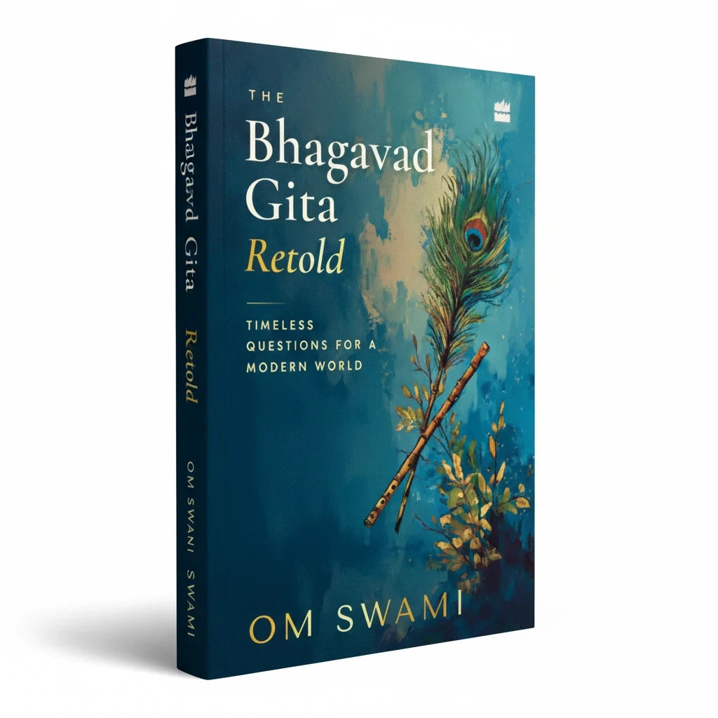 Books and You hardcover edition of The Bhagavad Gita Retold by Om Swami featuring a peacock feather and flute design.