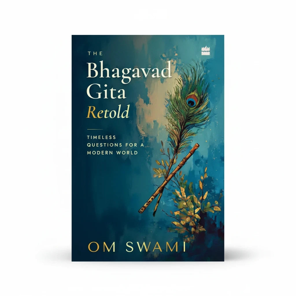 Books and You hardcover edition of The Bhagavad Gita Retold by Om Swami featuring a peacock feather and flute design.
