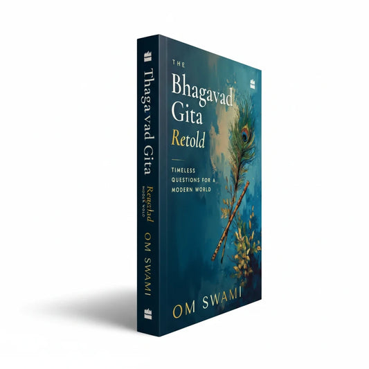 Books and You hardcover edition of The Bhagavad Gita Retold by Om Swami featuring a peacock feather and flute cover