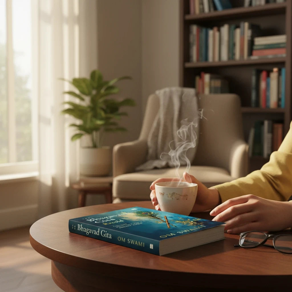Books and You hardcover copy of The Bhagavad Gita Retold by Om Swami resting on a wooden table with a steaming cup.