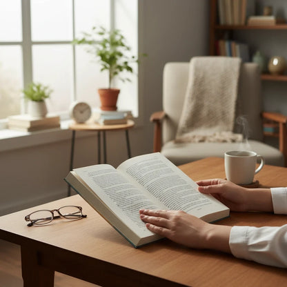 Books and You hardcover edition of The Bhagavad Gita Retold being read at a wooden table with glasses and coffee