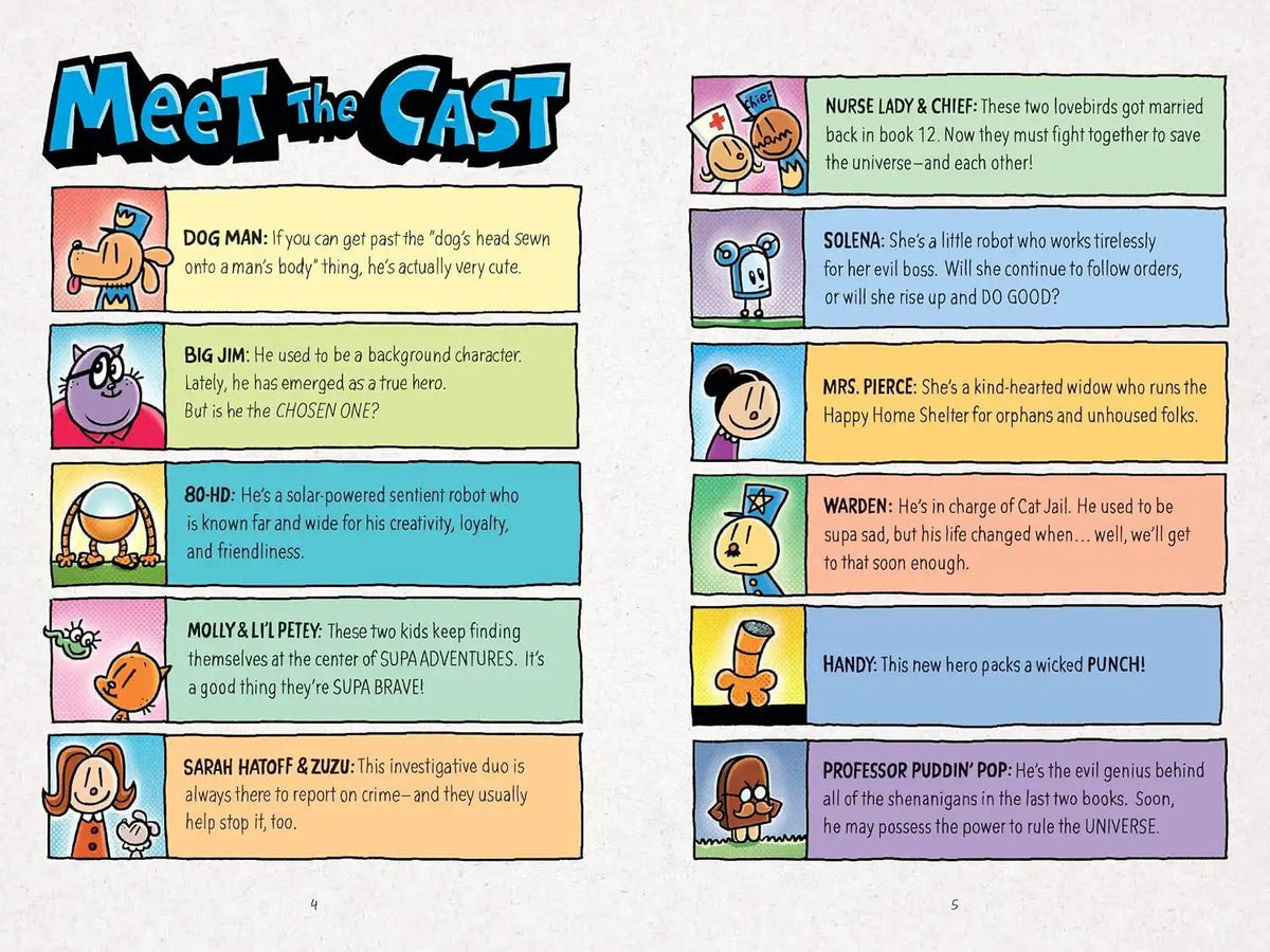 Books and You Dog Man A Sprinkle in Time Meet the Cast character guide page featuring colourful comic illustrations
