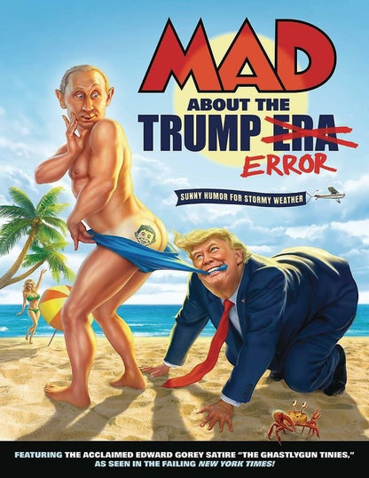 Books and You MAD About the Trump Era political satire paperback book cover featuring a humorous beach illustration