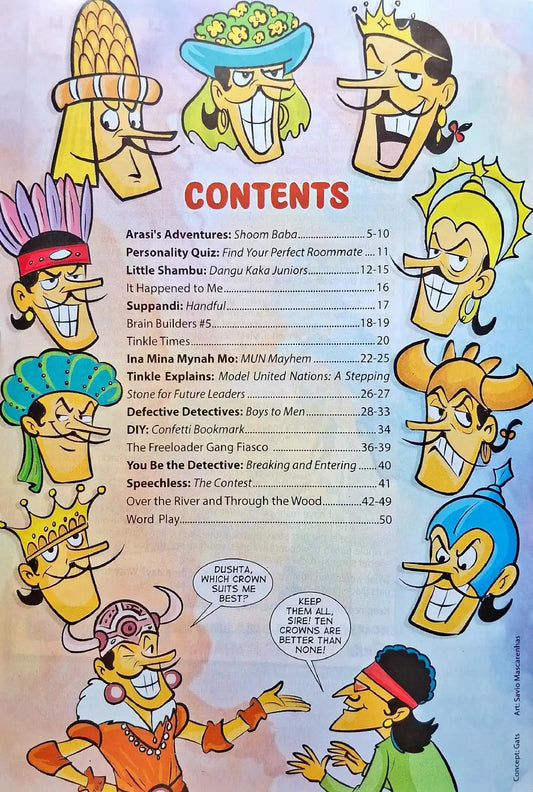 Books and You Tinkle magazine contents page featuring colourful illustrations of Tantri the Mantri in various crowns