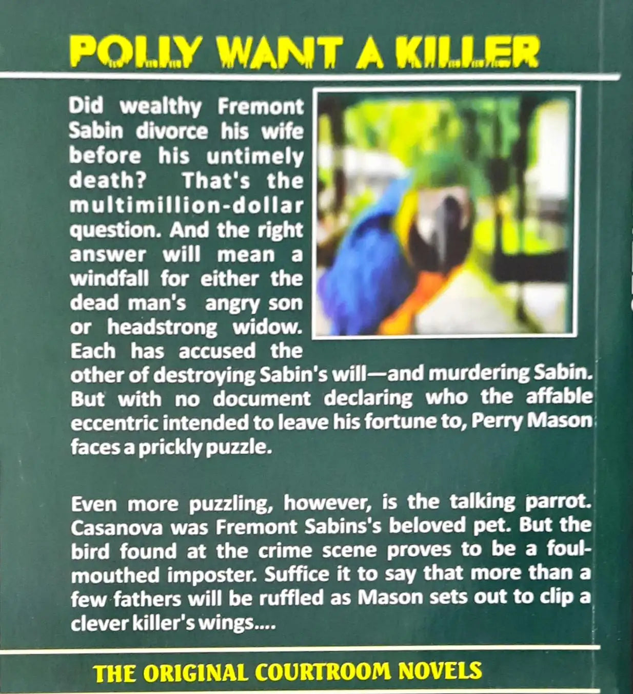 Book cover with text and a parrot illustration, featuring the title 'Polly Want a Killer' and a brief synopsis.